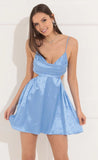 Floral Cutout Flare Dress in Satin Blue