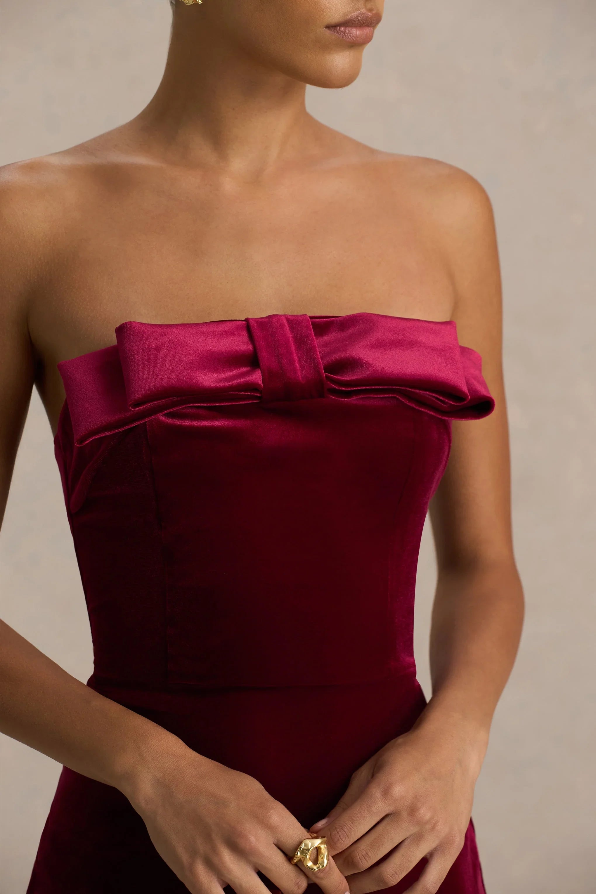 Illusion Burgundy Velvet Bandeau Maxi Dress With Bow Detail
