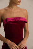 Illusion Burgundy Velvet Bandeau Maxi Dress With Bow Detail