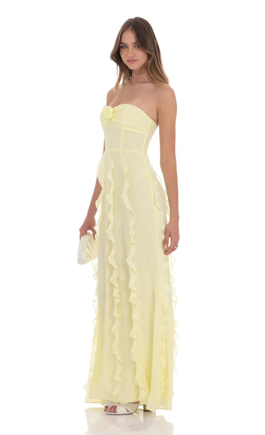 Chiffon Rosette Ruffle Maxi Dress in Yellow