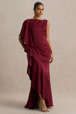 Rosy Burgundy Satin Boat Neck Maxi Dress With Front Split And Ruffled Detailing