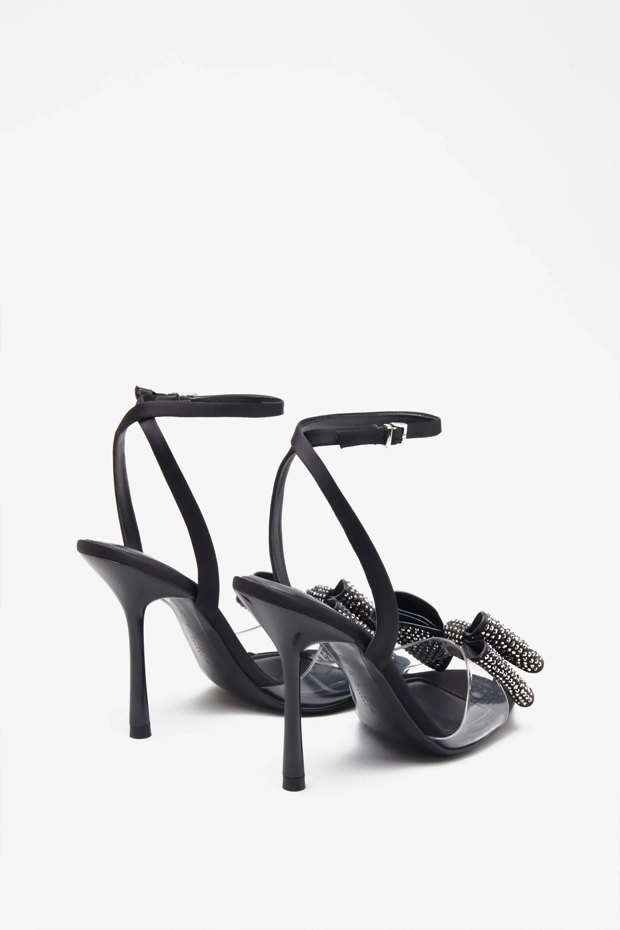Bowing Black Satin Heeled Sandals With Diamante Bows