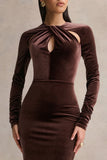 Francine Brown Velvet Round Neck Midi Dress With Cut Out Details