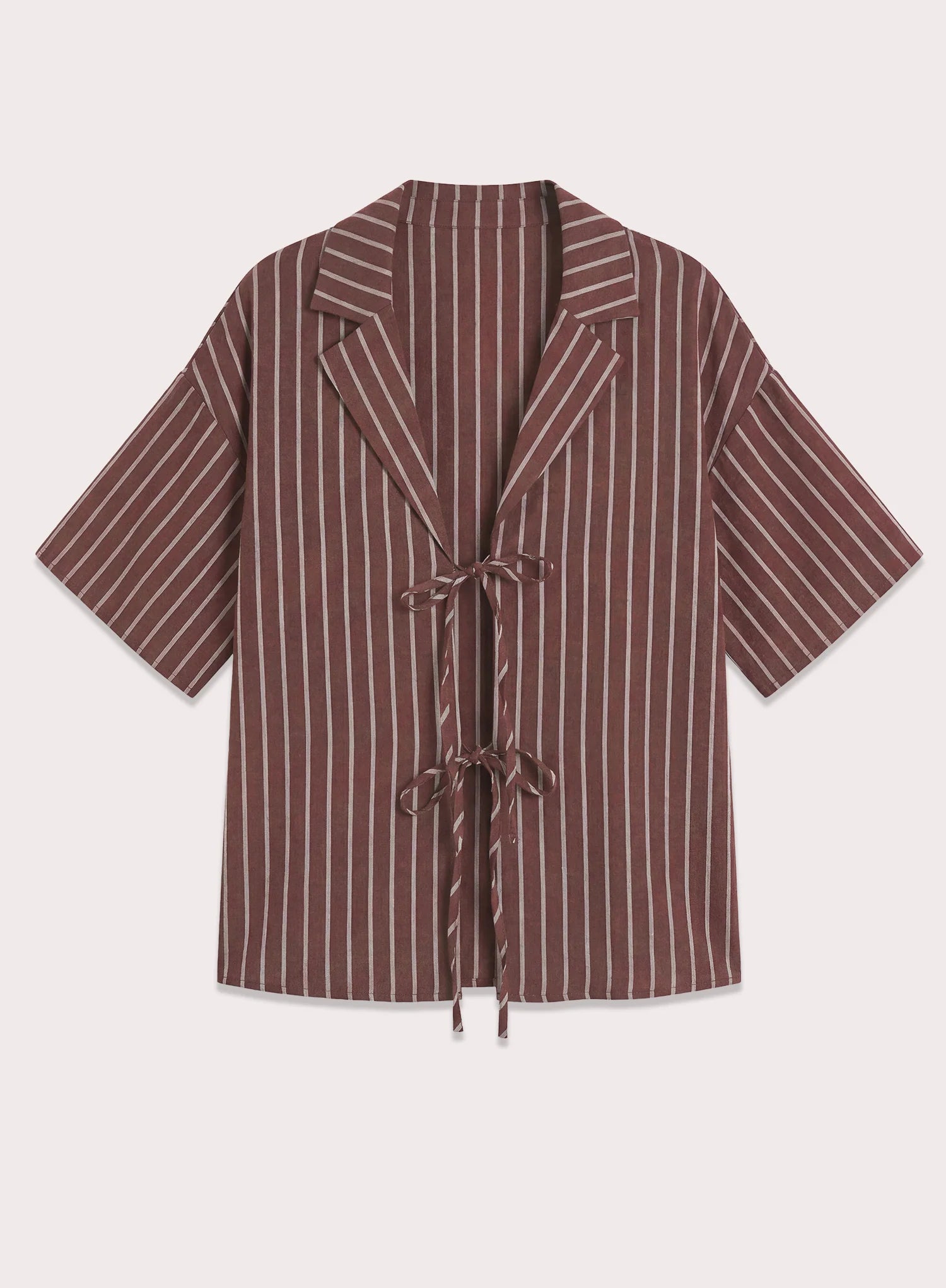 Chocolate Stripe Cotton Tie Front Short Sleeve Shirt