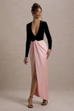 Love Spell Black Velvet Plunge Neck Maxi Dress With Pink Satin Skirt