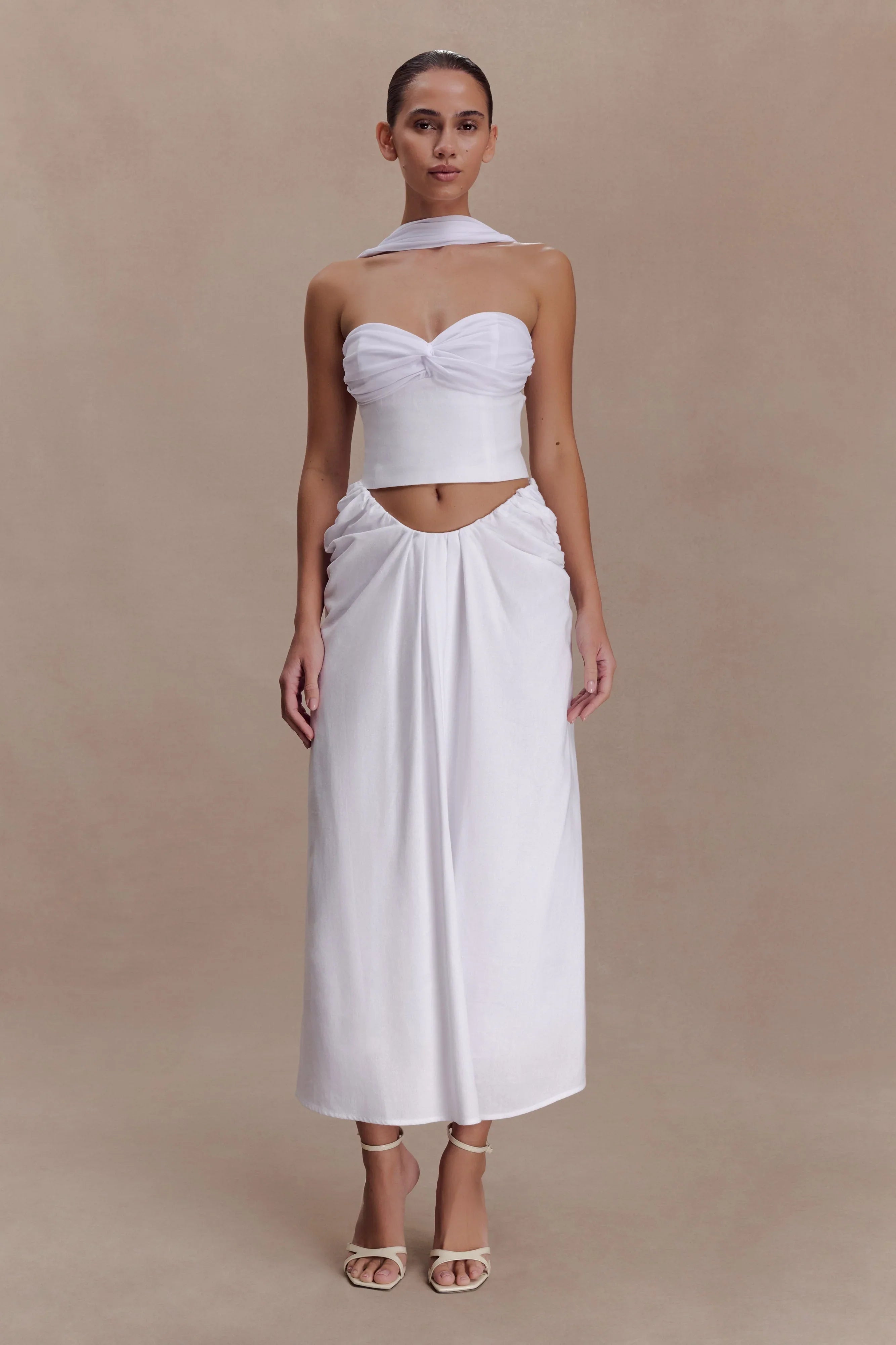 Talia Draped Linen Midi Skirt White