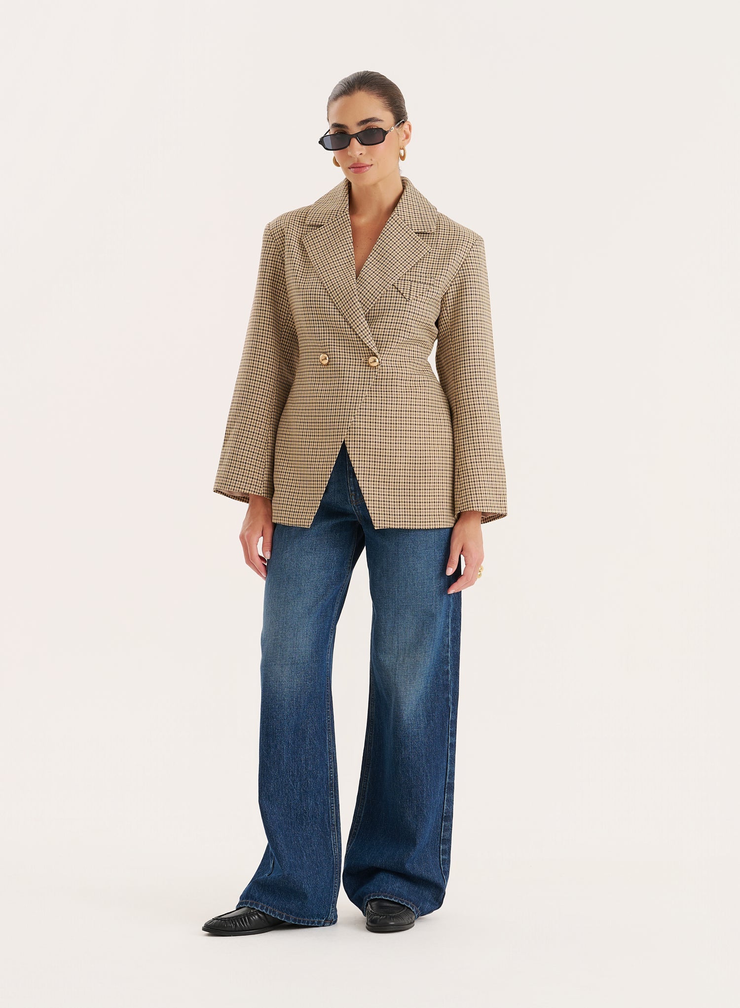 Check Print Cinched Waist Tailored Blazer