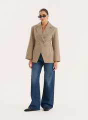 Check Print Cinched Waist Tailored Blazer