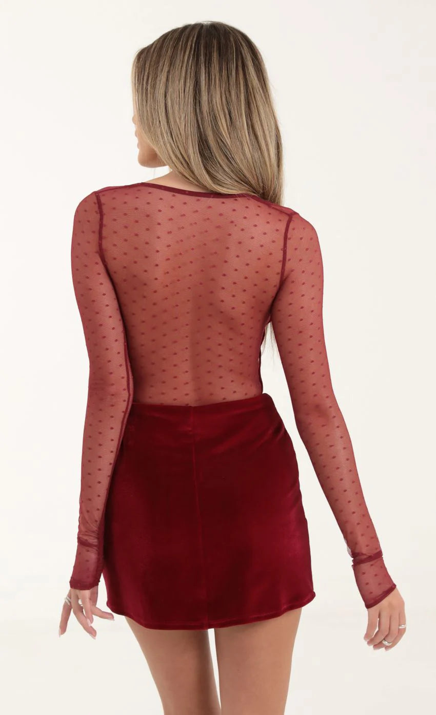 Dotted Mesh Long Sleeve Cutout Dress in Red