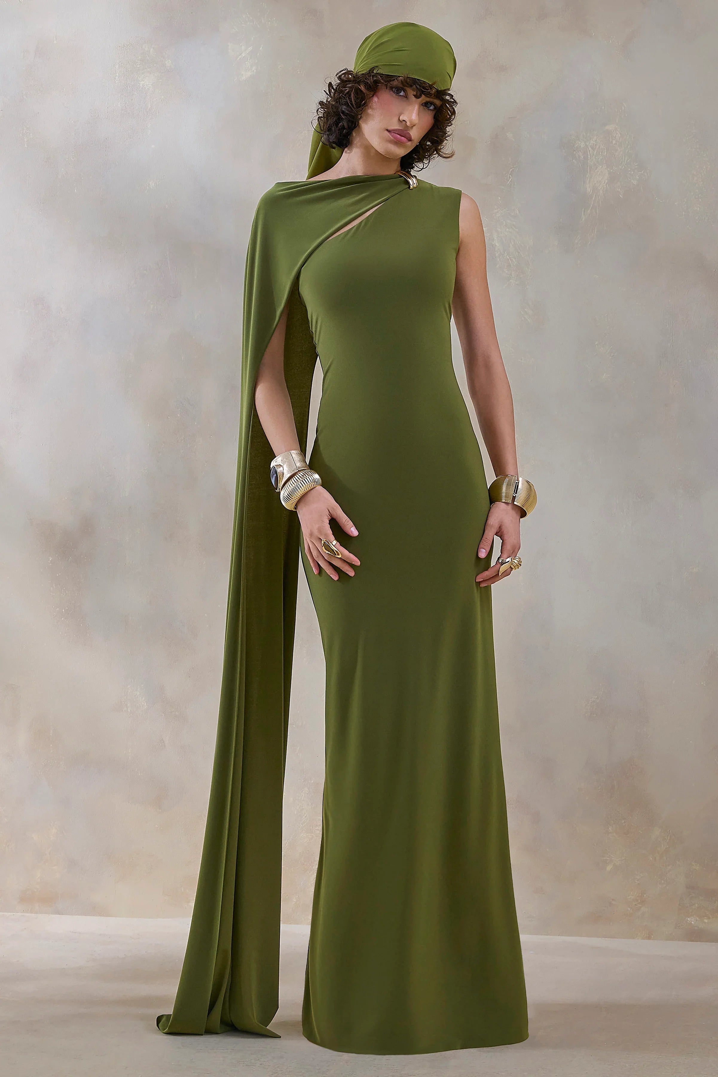 Isdelia Green Asymmetric Neck Maxi Dress With Cape Sleeve