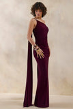 Bettine Burgundy Asymmetric Neck Maxi Dress With Cape Sleeve