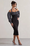 Couture Client Black White Polka Dot Halter Neck Puff Sleeve Midi Dress