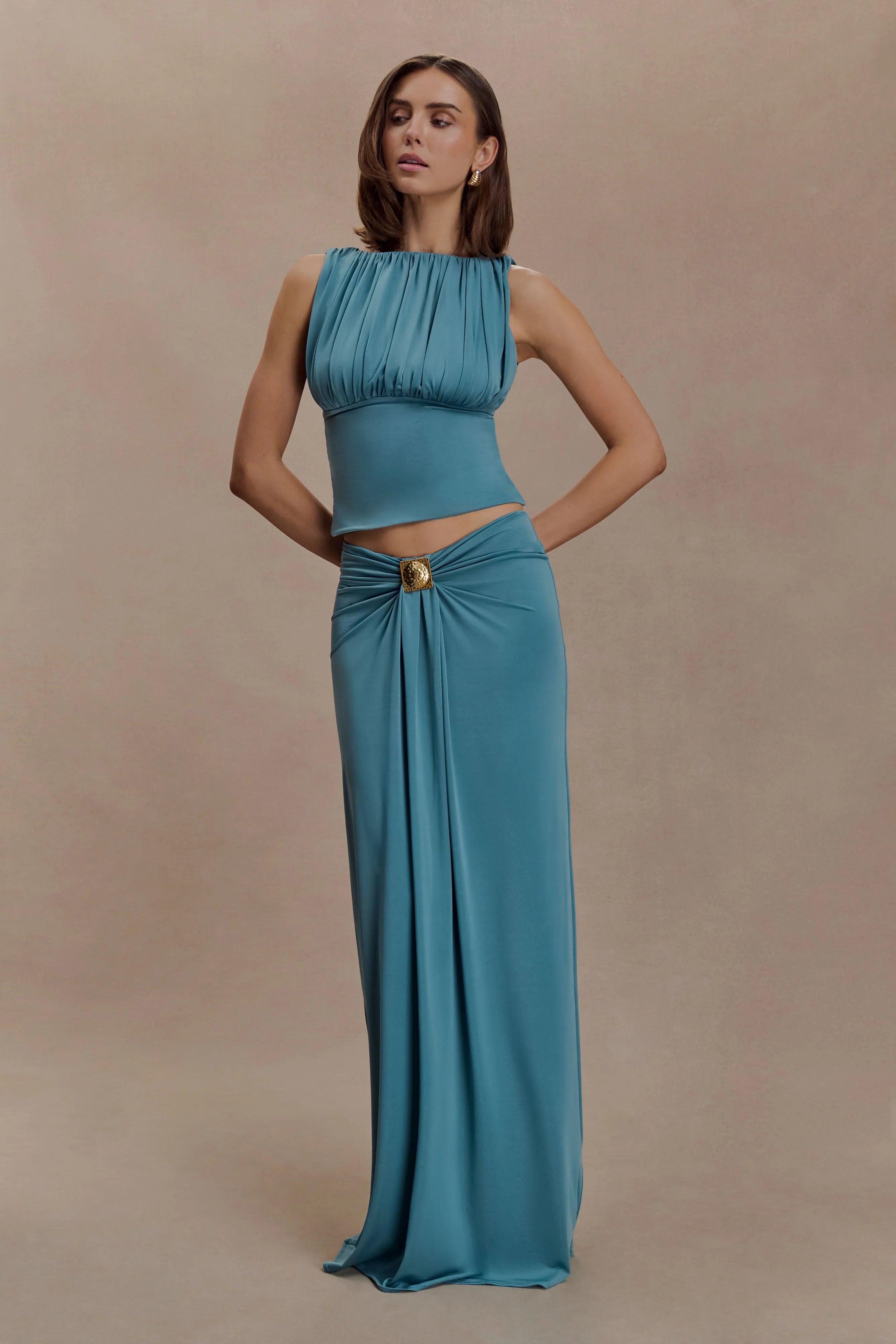 Erina Slinky Ruched Maxi Skirt With Hardware Teal