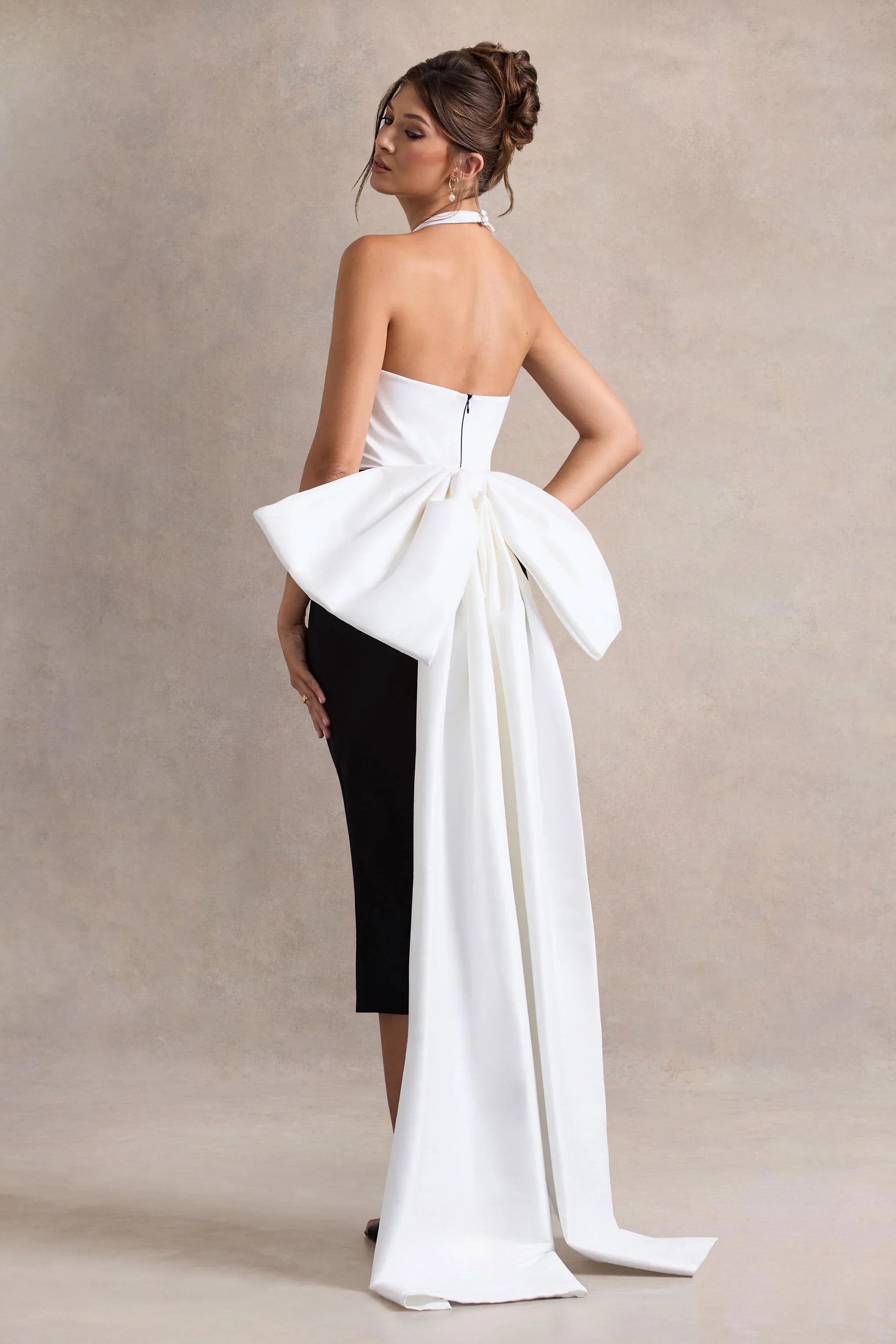 Blanca Black White Halter Neck Cut Out Midi Dress With Oversized Bow