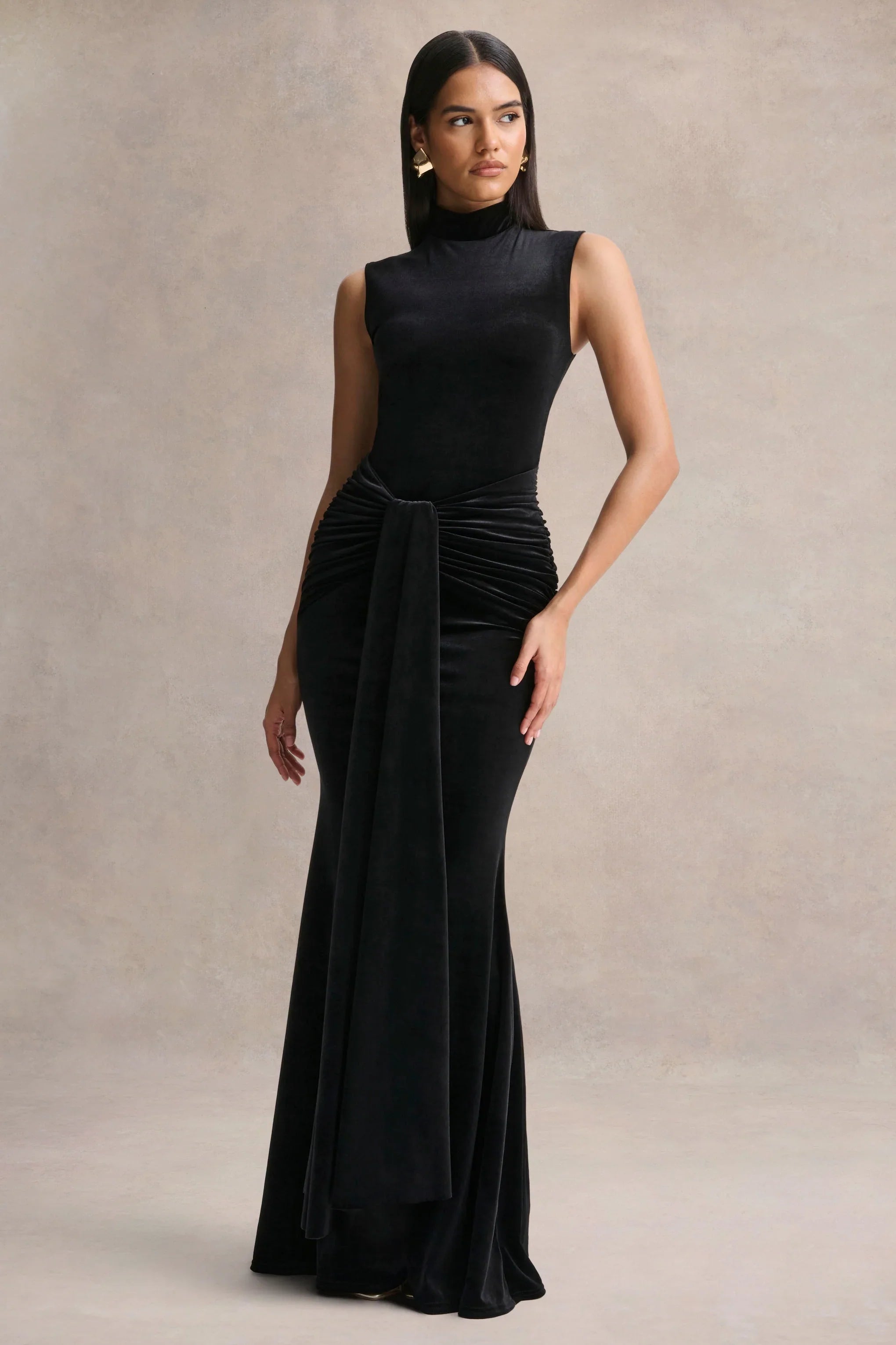 Idalina Black Velvet High Neck Maxi Dress With Gathered Detailing