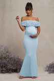Inflorescence Powder Blue Mesh Floral Bardot Maternity Maxi Dress