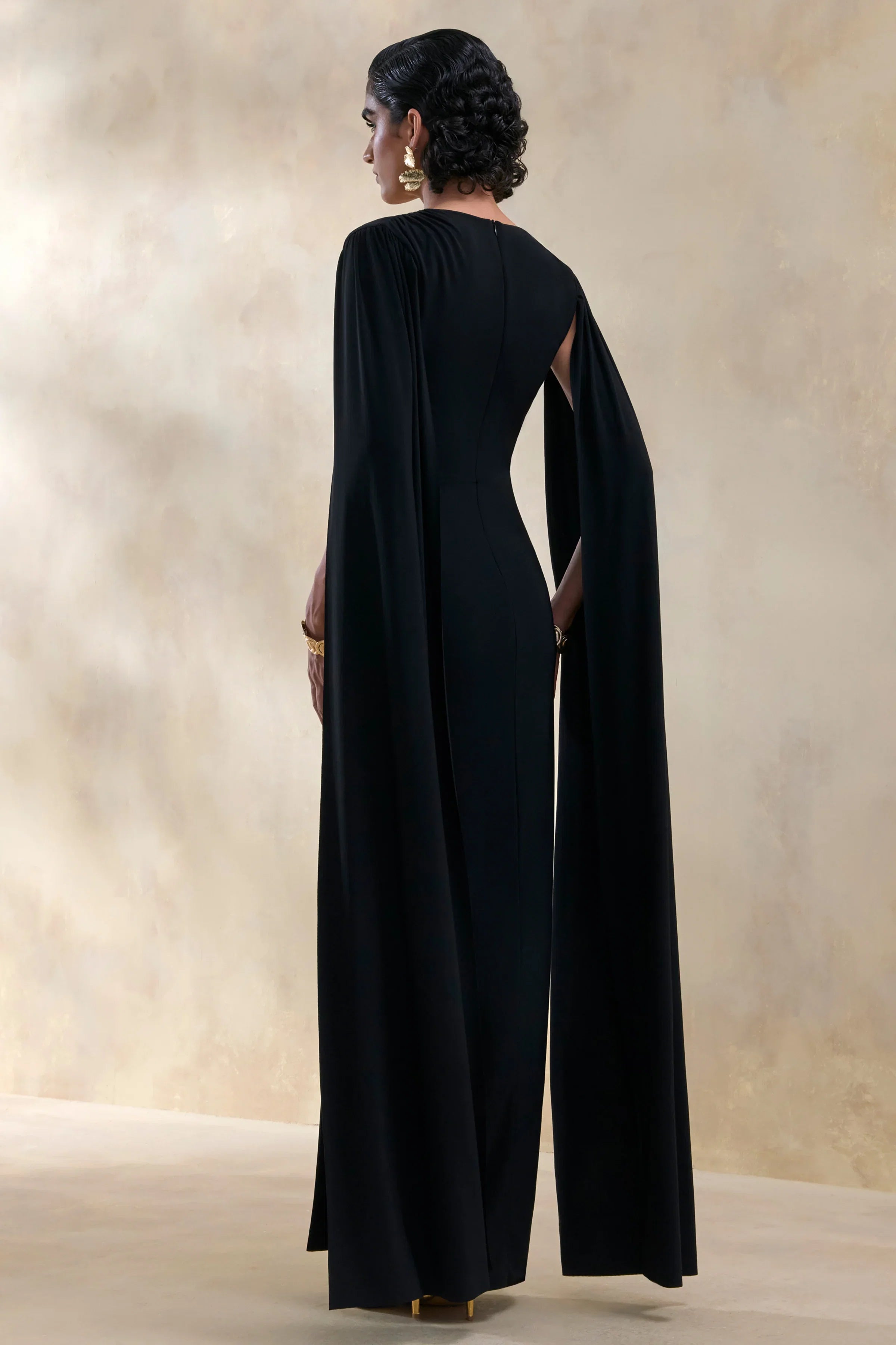 Ulissia Black V Neck Maxi Dress With Cape Sleeves