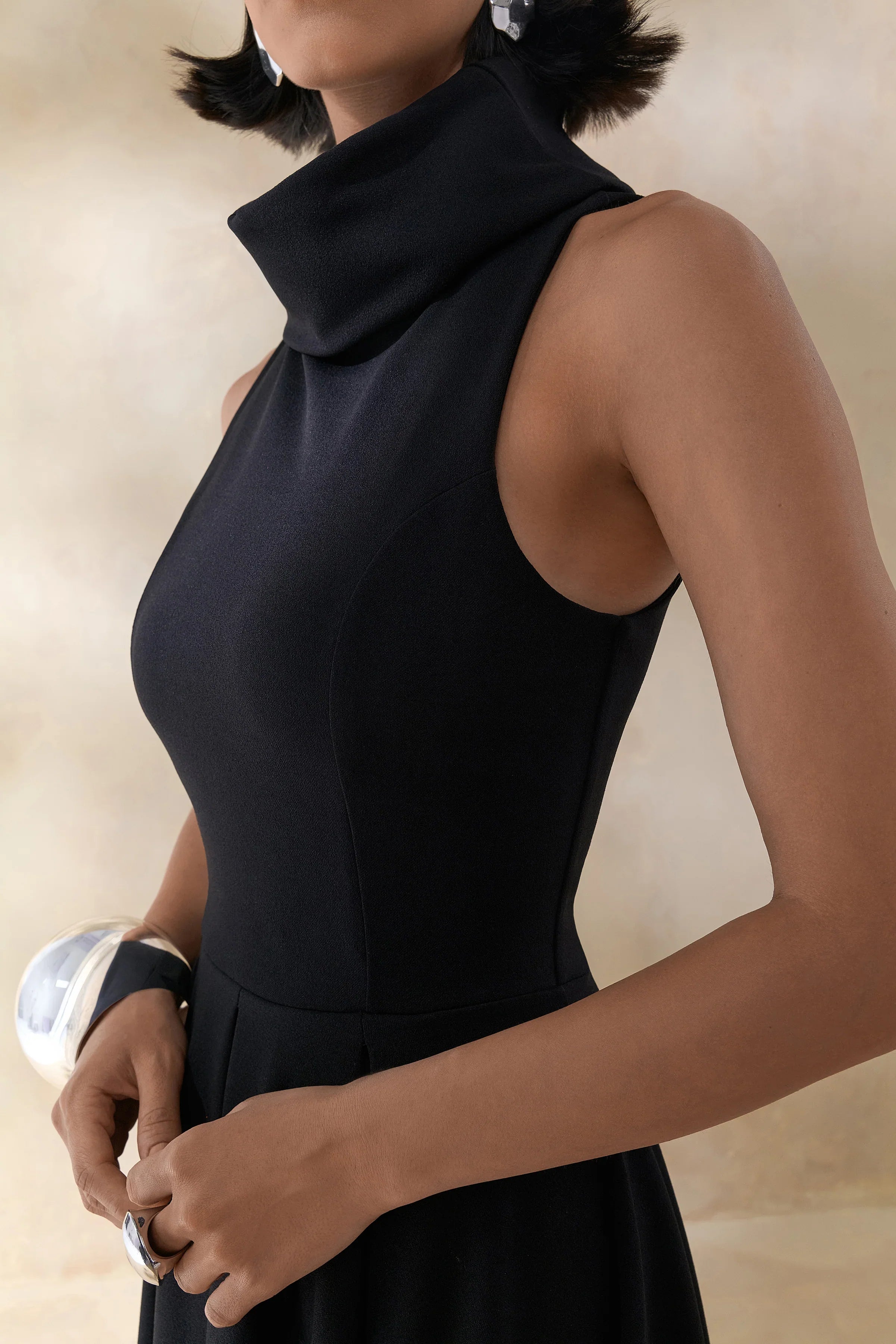 Exclusivity Black High Neck Midi Dress