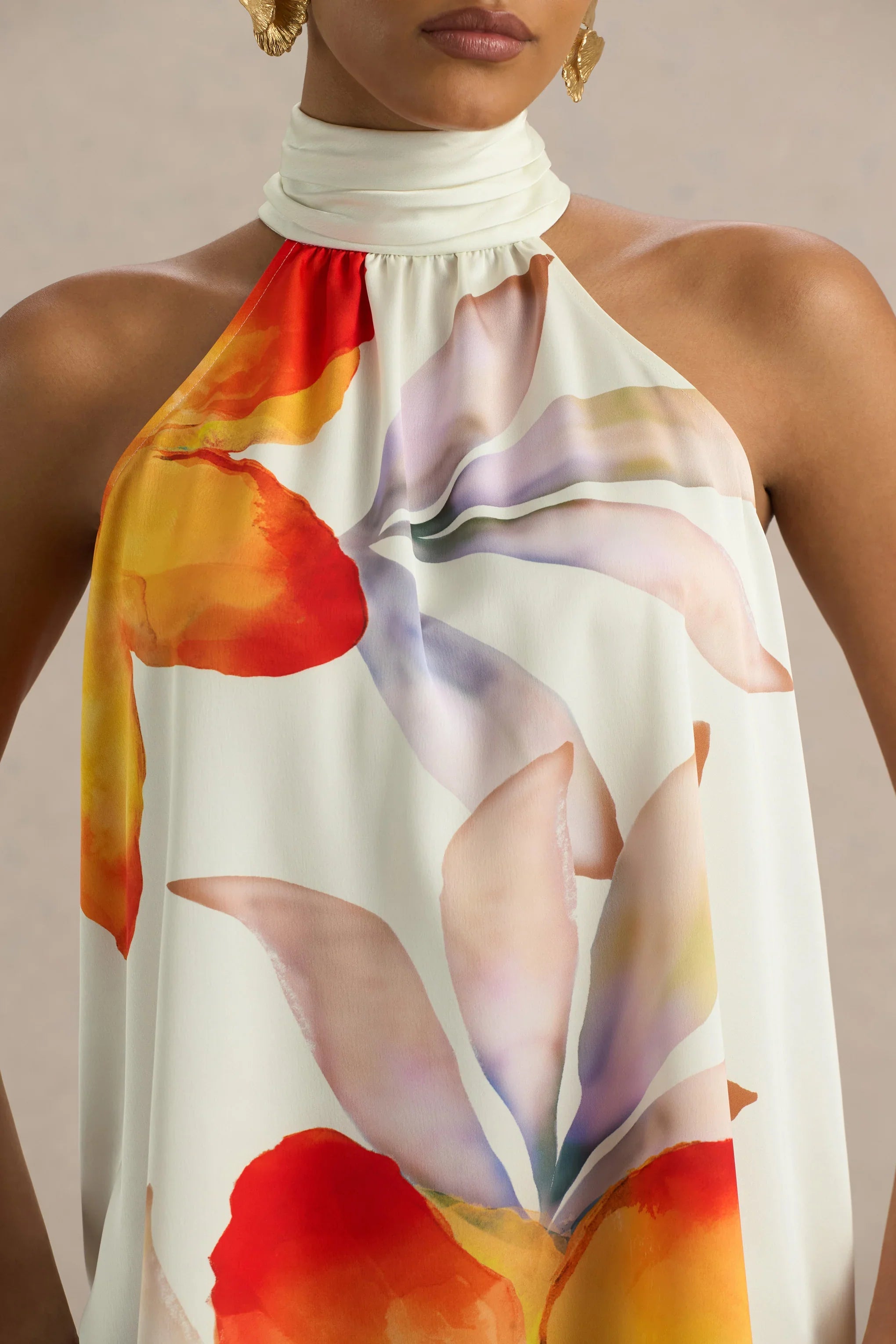 Evita Orange Floral High Neck Satin Mini Dress