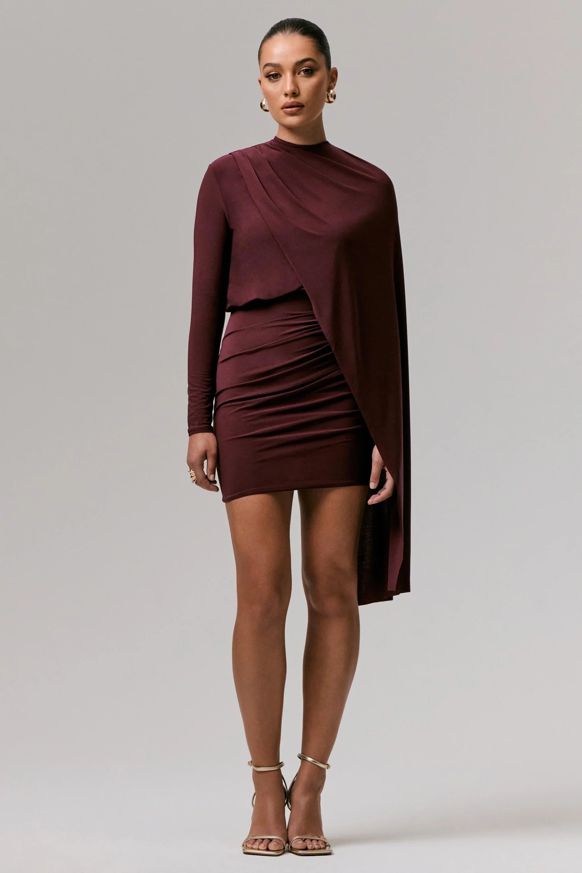 Celeste Burgundy Long Sleeve Mini Dress With Cape Sleeve