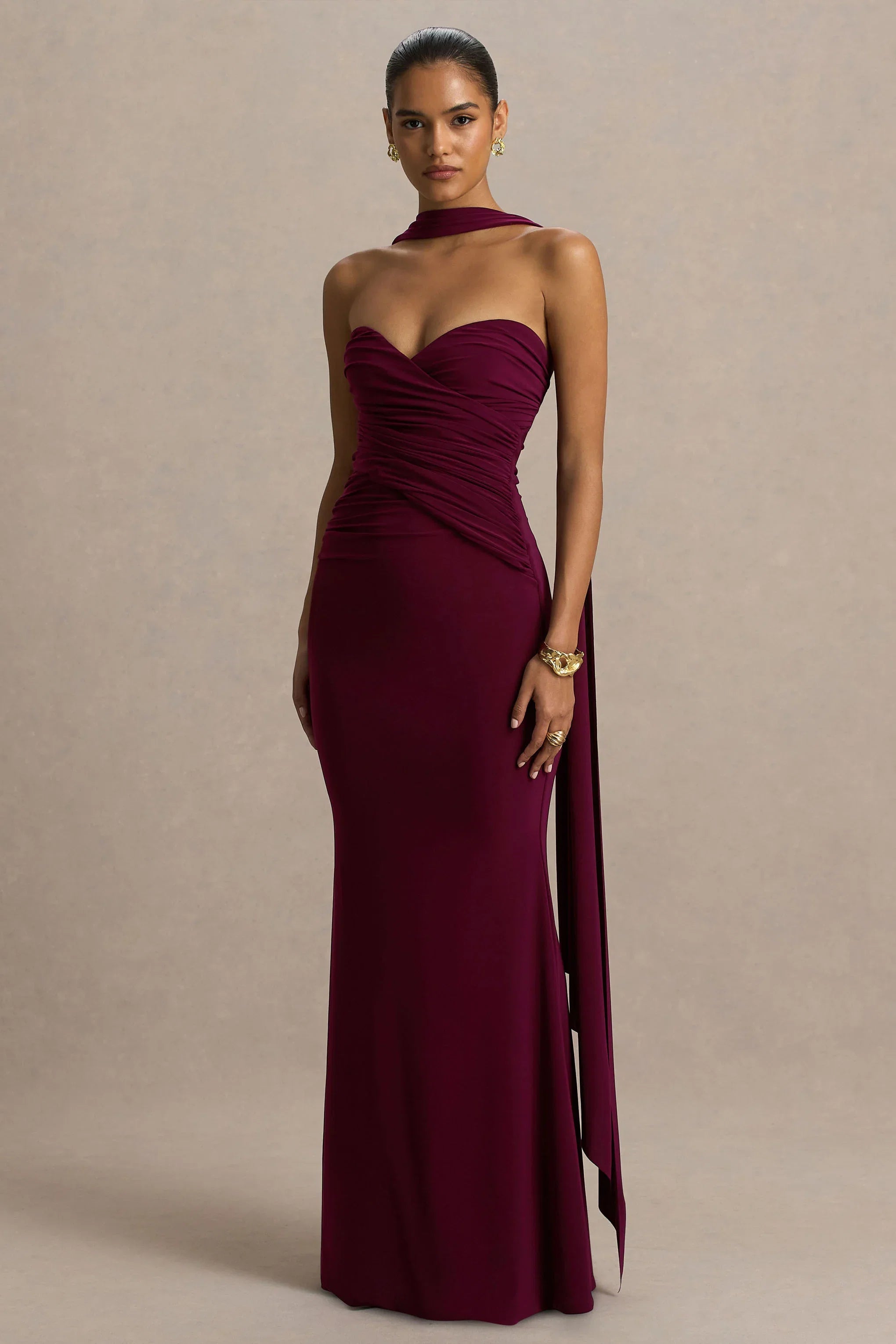 Leila Burgundy Sweetheart Maxi Dress With Scarf