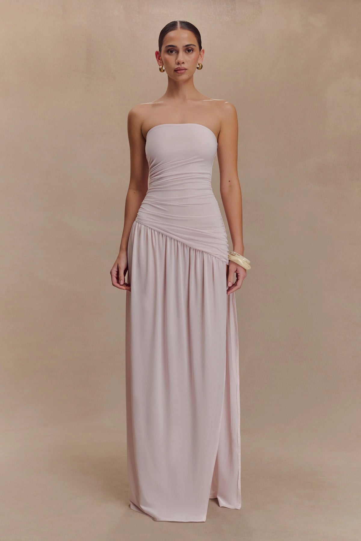 Bex Strapless Slinky Maxi Dress With Split Pale Pink