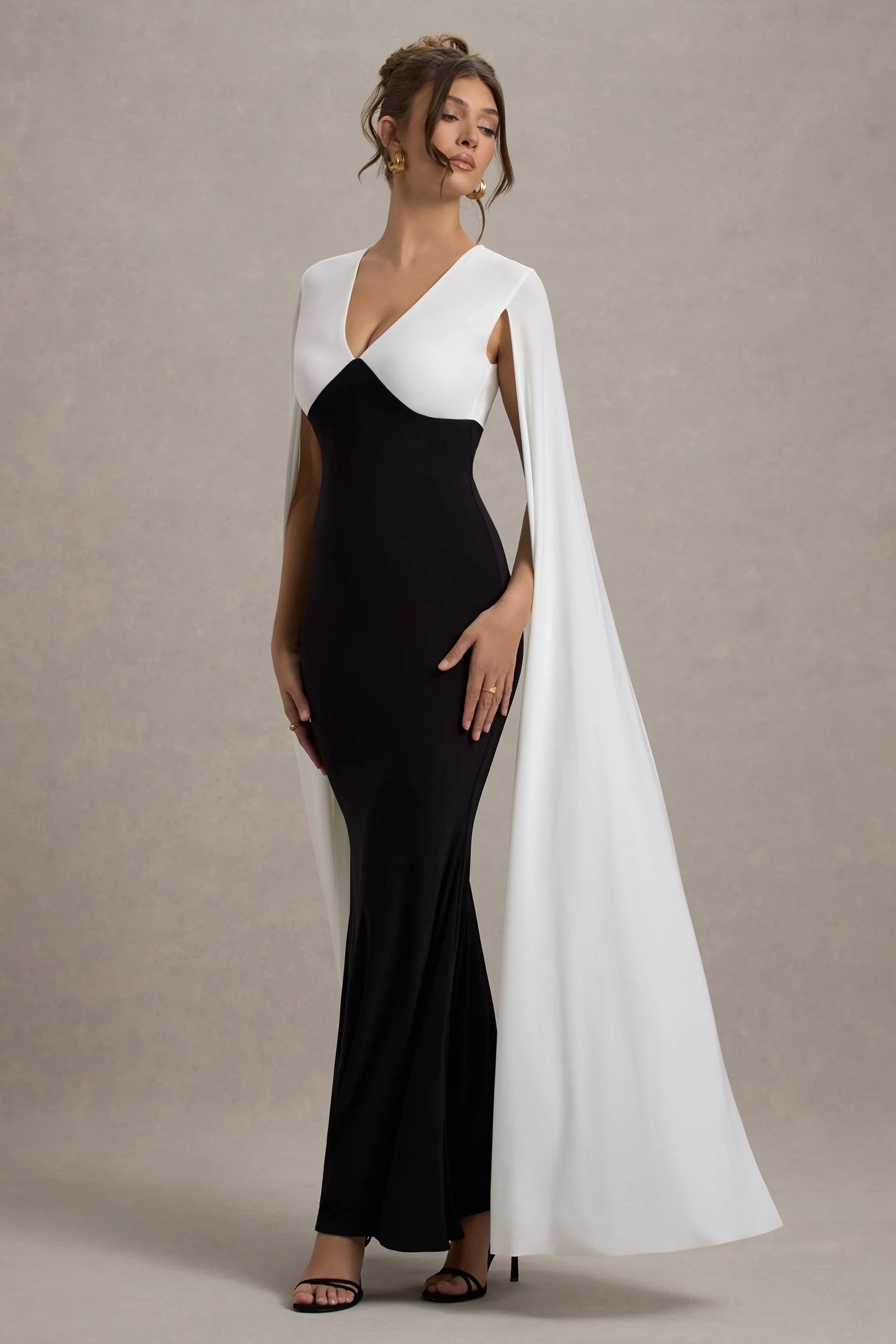 Grace Kelly Black White Plunge Neck Maxi Dress With Cape Sleeves