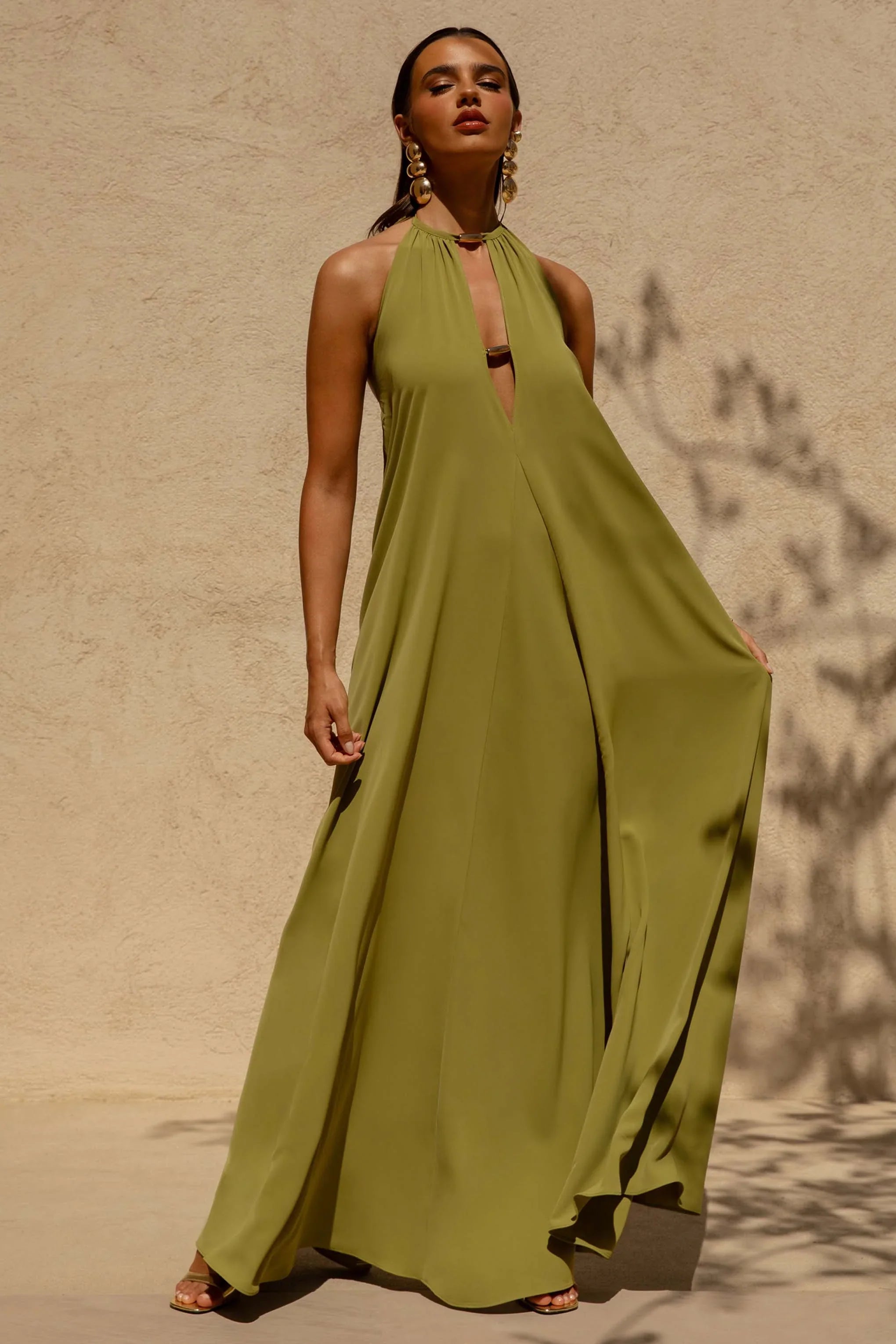 Zyon Green High Neck Maxi Dress with Cut Out Details