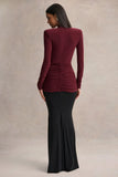Halston Burgundy And Black Plunge Neck Maxi Dress With Gathered Detailing