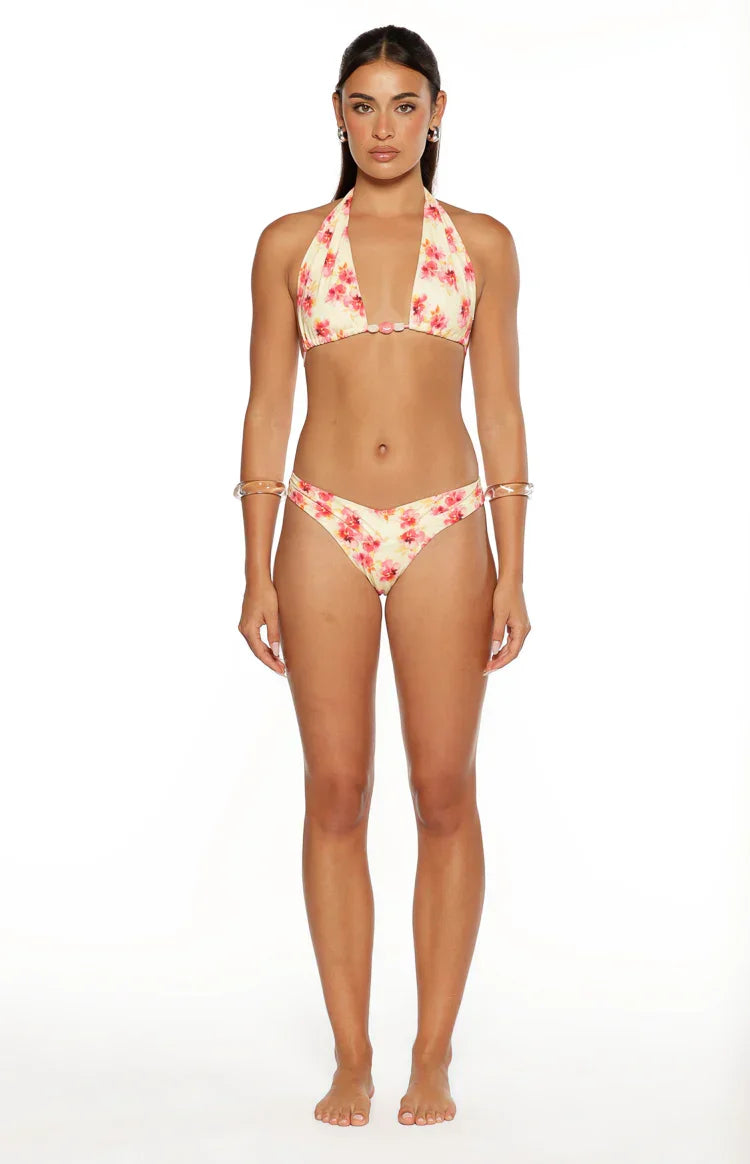 Coraya Yellow and Pink Floral Print Wrap Bikini Bottoms