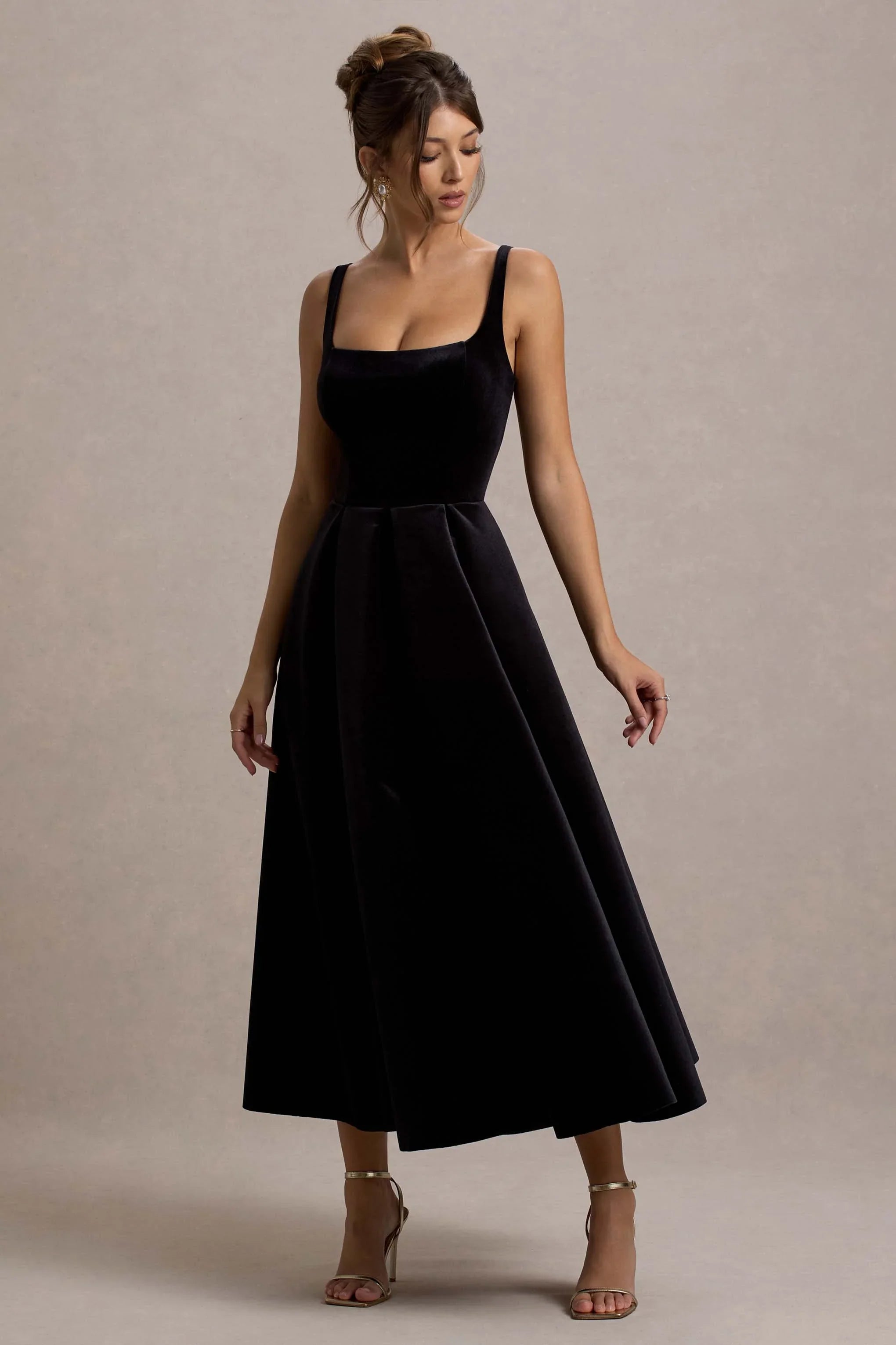 Francisca Black Velvet Strappy Volume Hem Midi Dress