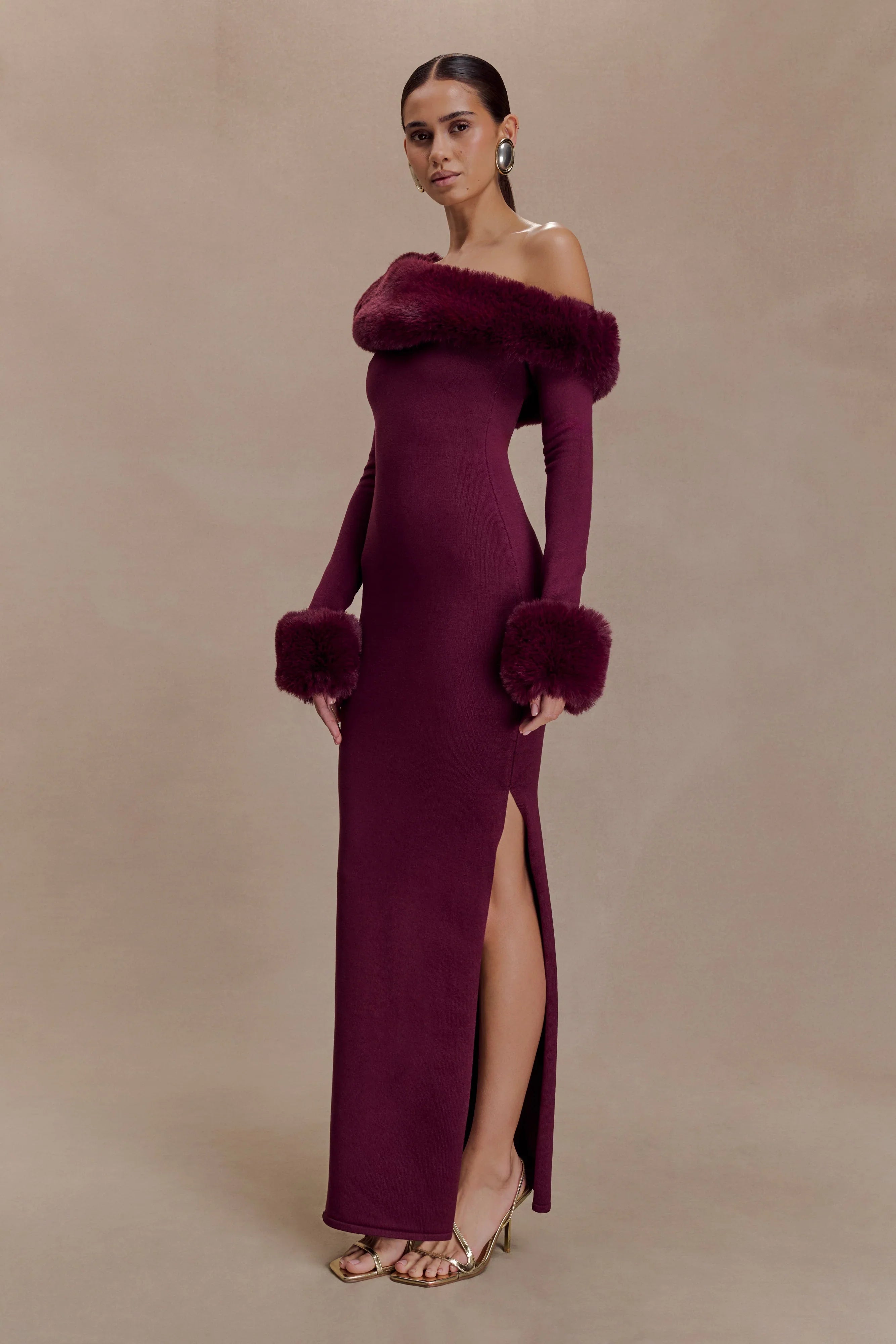 Karleigh Faux Fur Knit Maxi Dress Plum