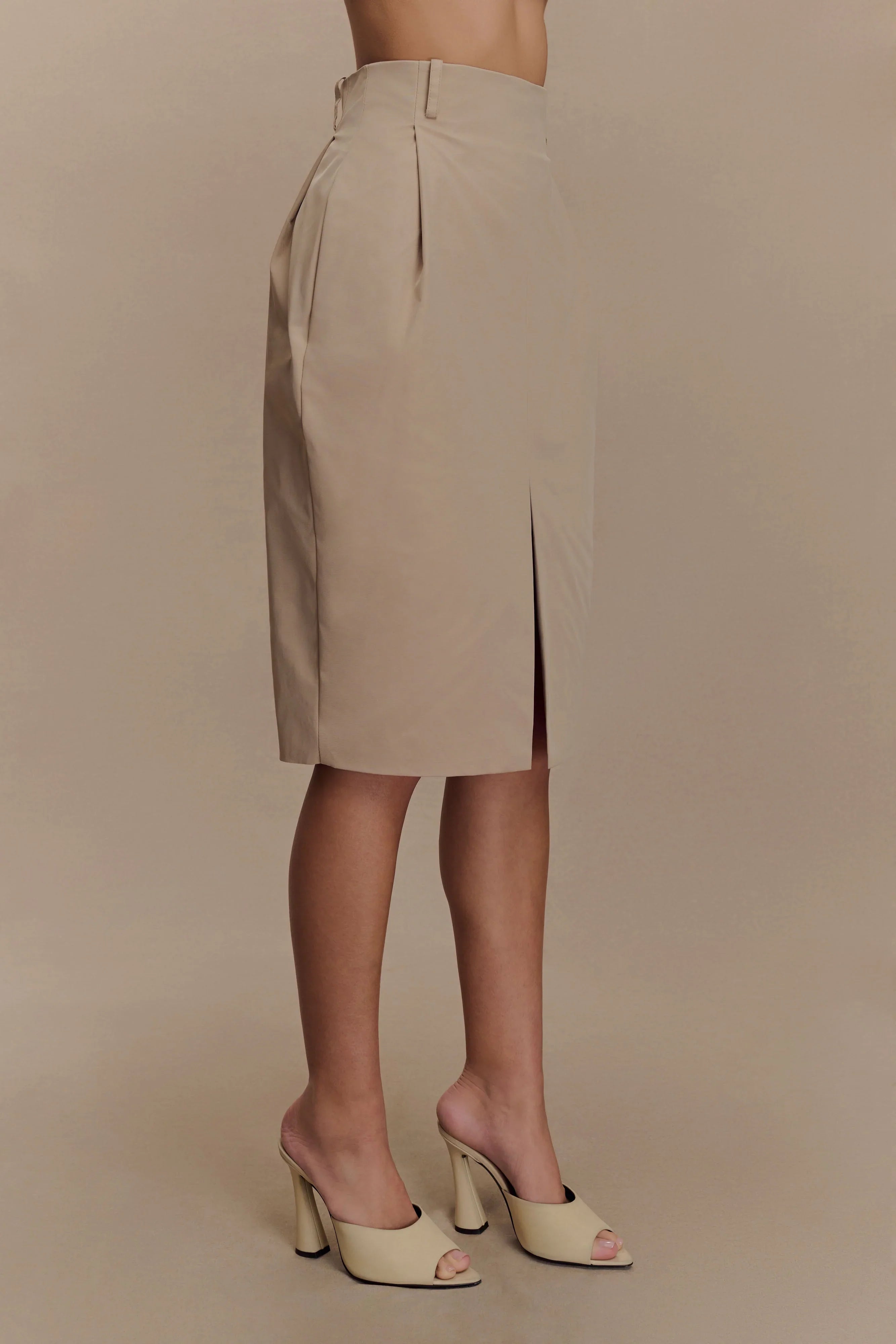 Vera Twill Split Front Midi Skirt Camel