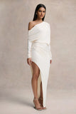 Olivia Cream Asymmetric Neck Maxi Dress With Ruched Detailing Asymmetric Hem