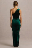 Treat Bottle Green Velvet Asymmetric Neck Maxi Dress With Ruched Detailing
