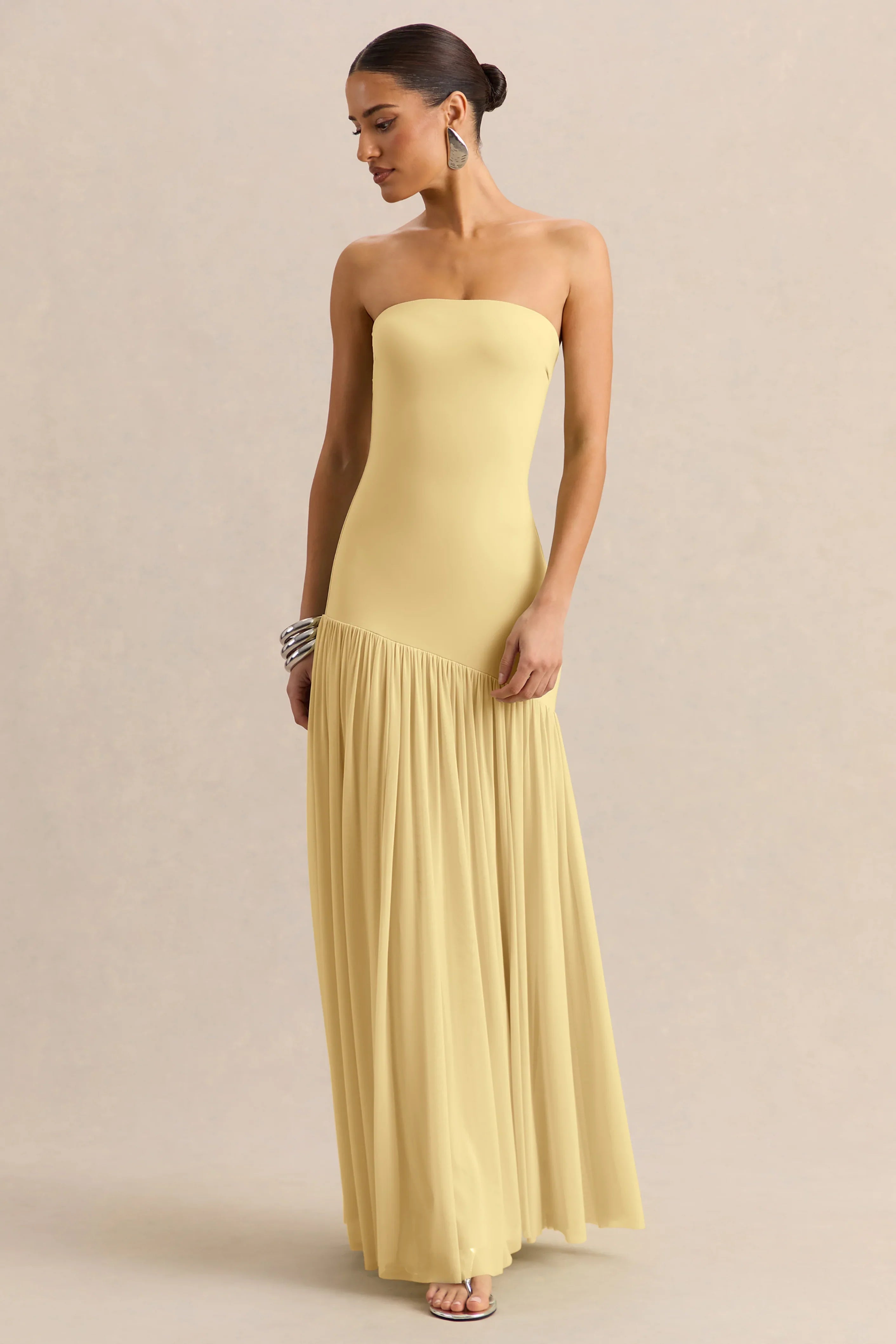 Bambi Lemon Bandeau Neck Maxi Dress With Scarf Detail