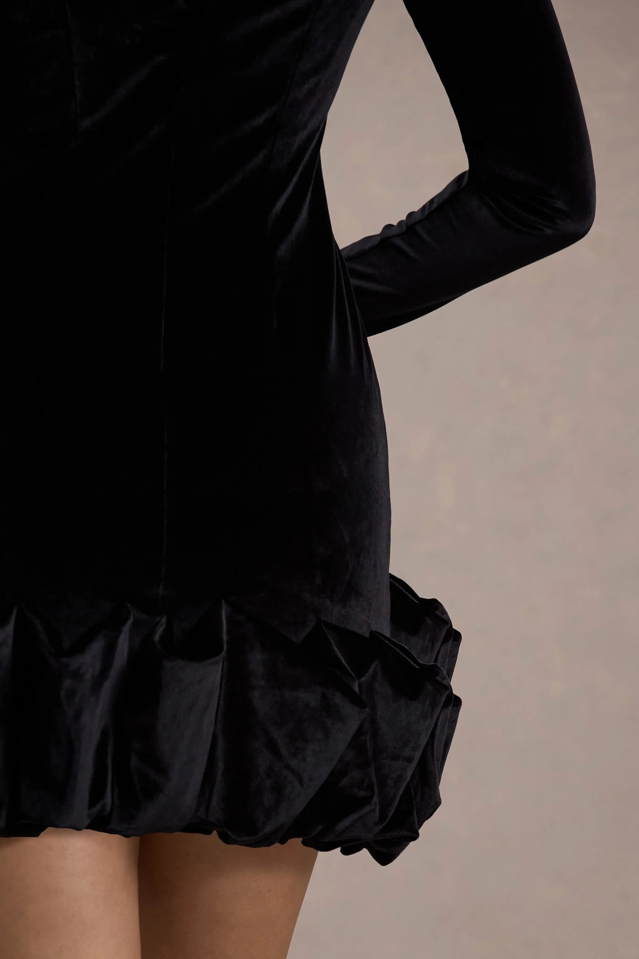 Claudine Black Velvet Long Sleeved Ruffled Mini Dress