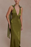 Myla Draped Shoulders Satin Maxi Dress Khaki