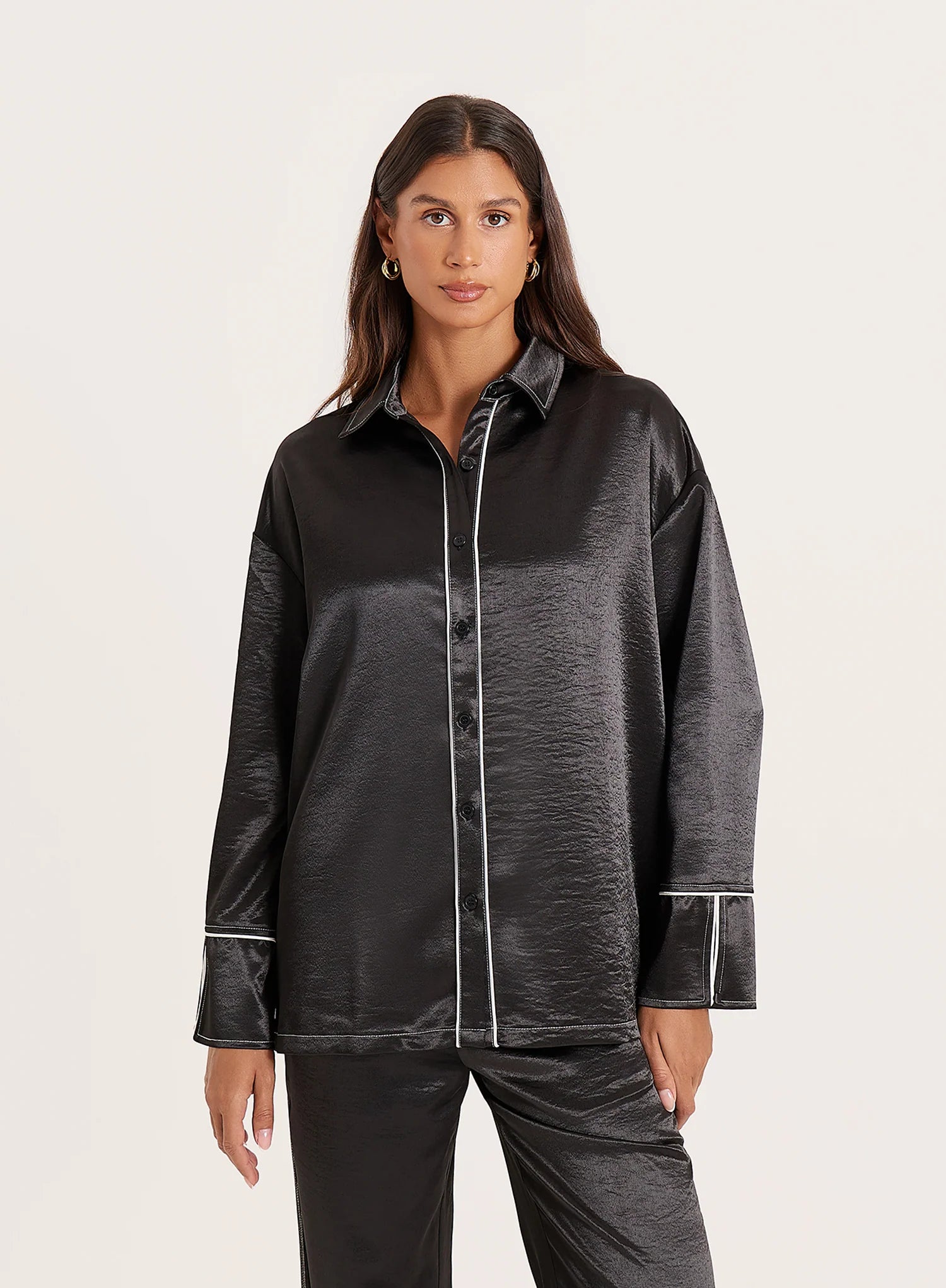 Black Satin Contrast Piping Shirt
