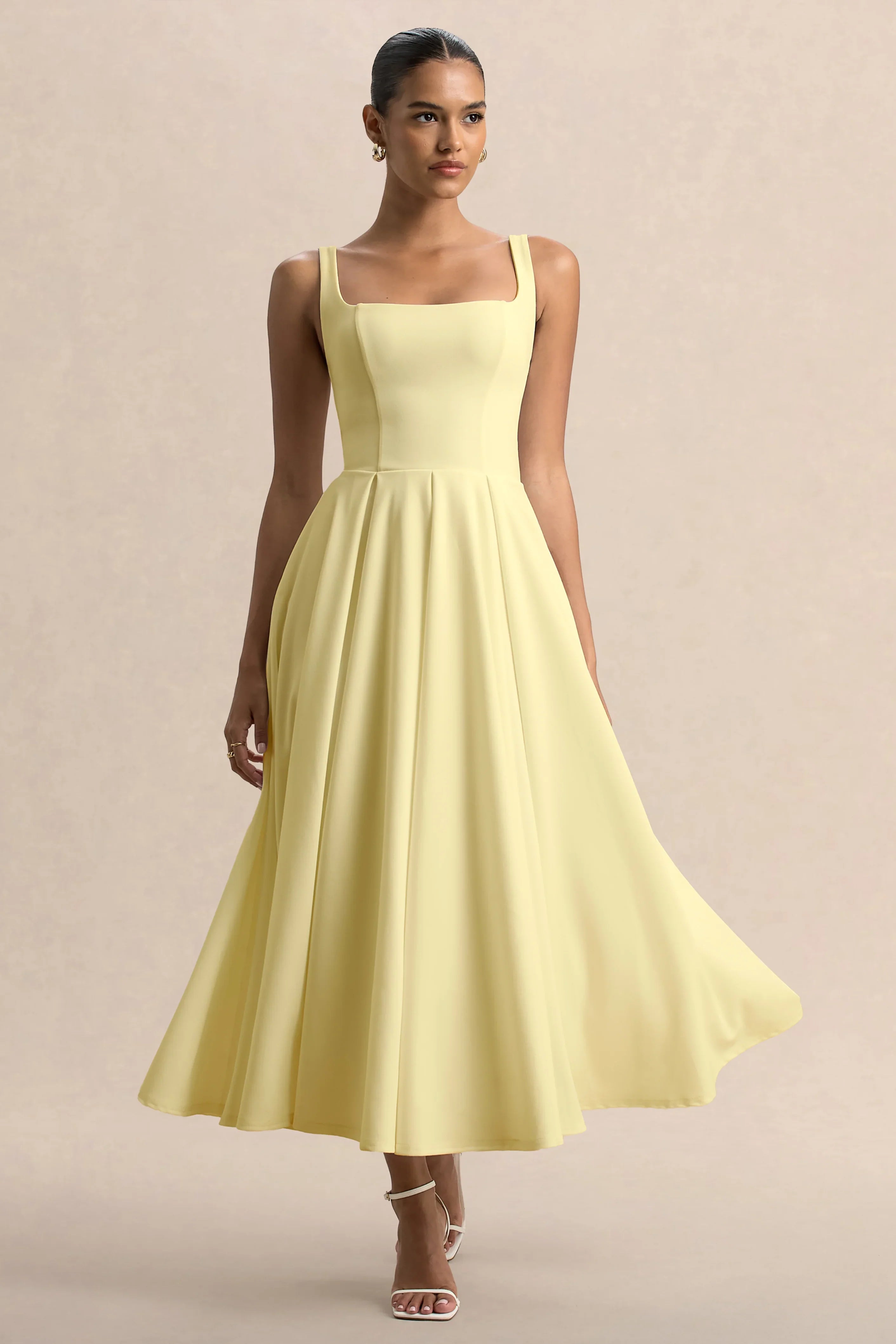 Parina Lemon Strappy Volume Hem Midi Dress