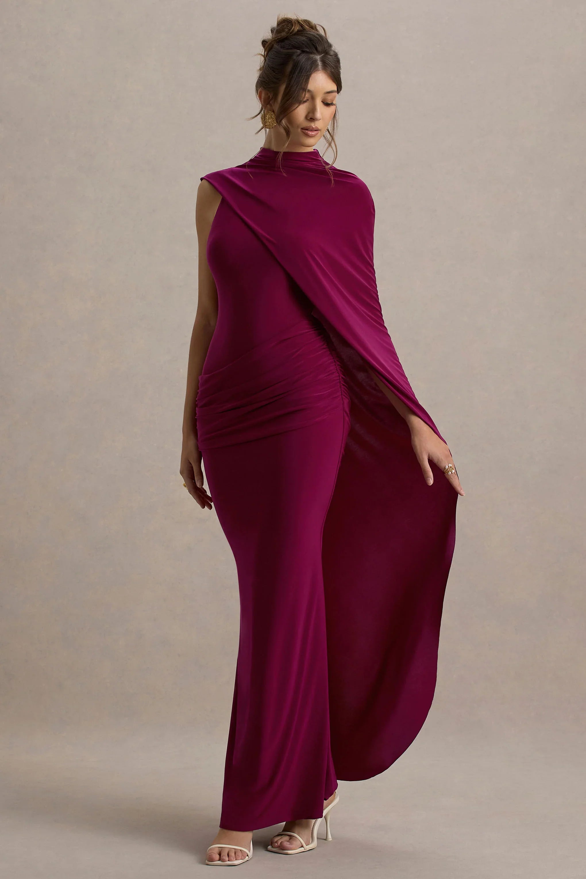 Maeve Burgundy Cape Sleeve Draped Maxi Dress