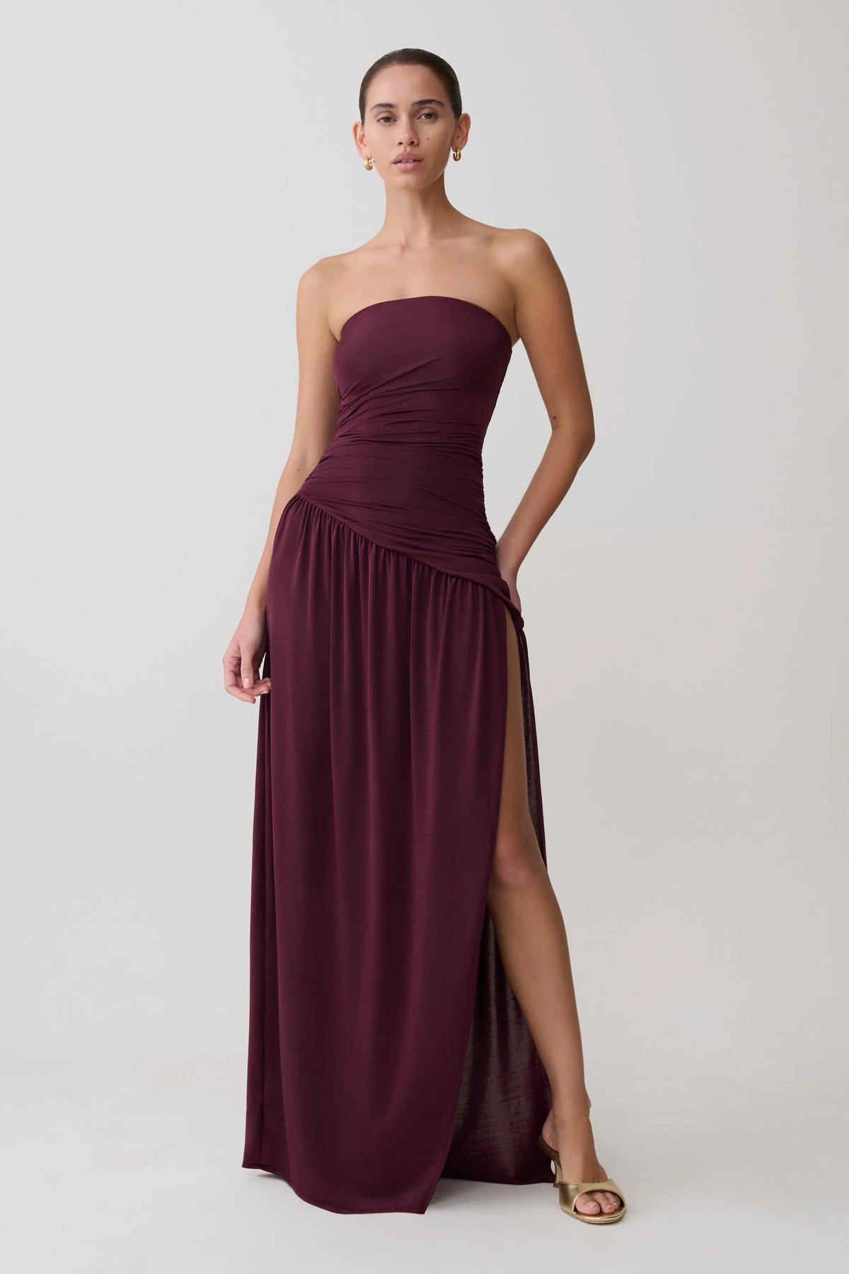 Bex Strapless Slinky Maxi Dress With Split Burgundy