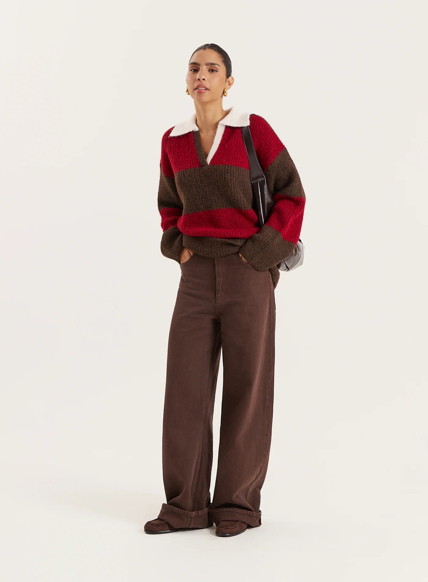 Red And Brown Striped Knitted Polo Jumper