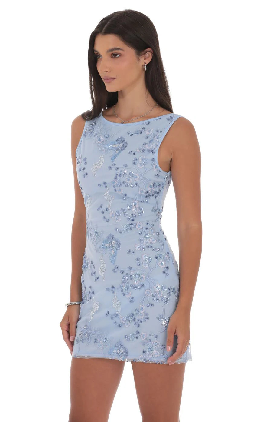 High Neck Floral Bodycon Dress in Light Blue