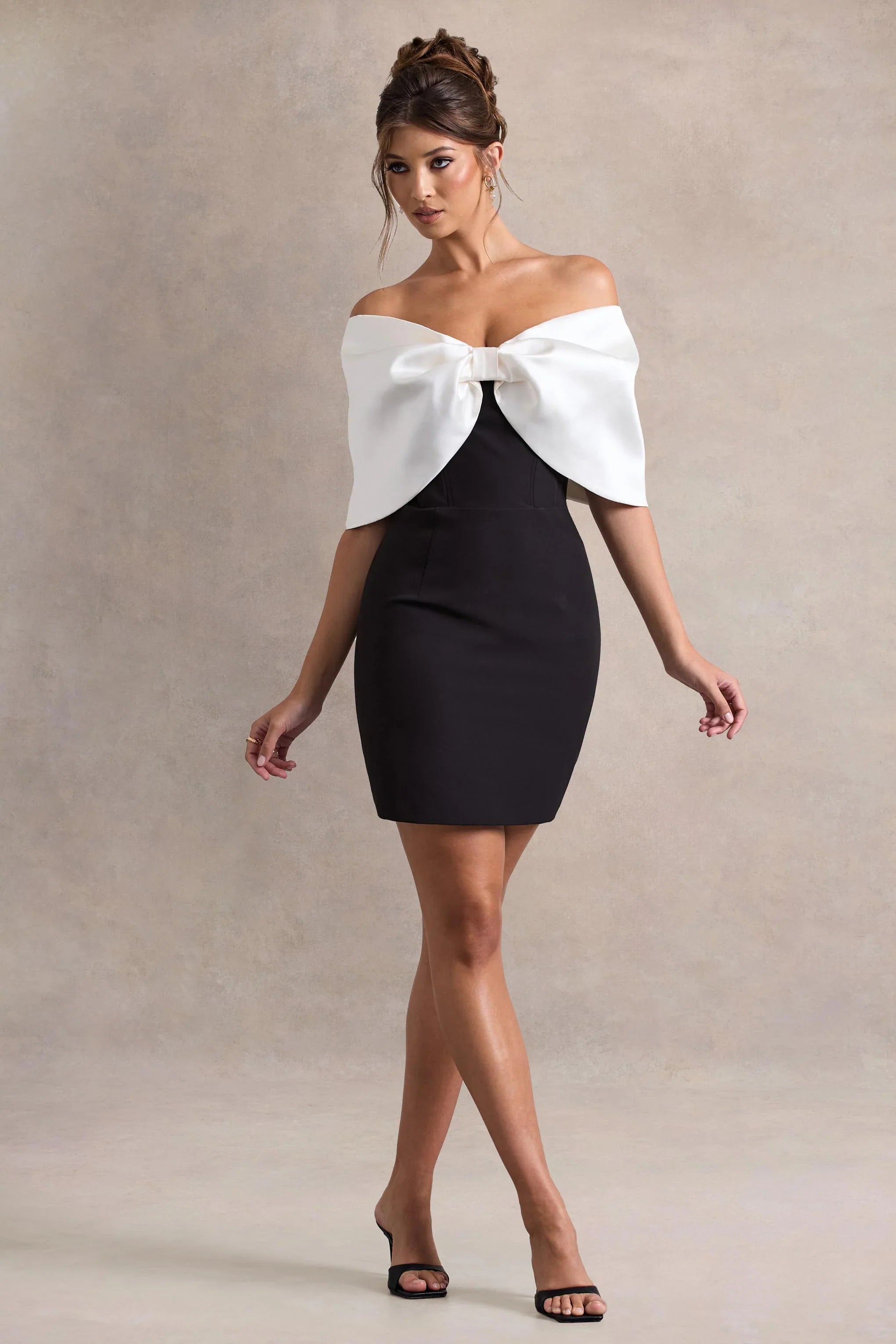 Dewdrop Black White Mini Dress With Oversized Bow