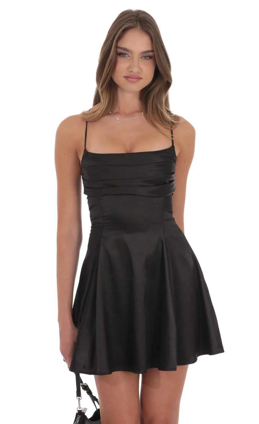 Satin Draped A Line Dress in Black