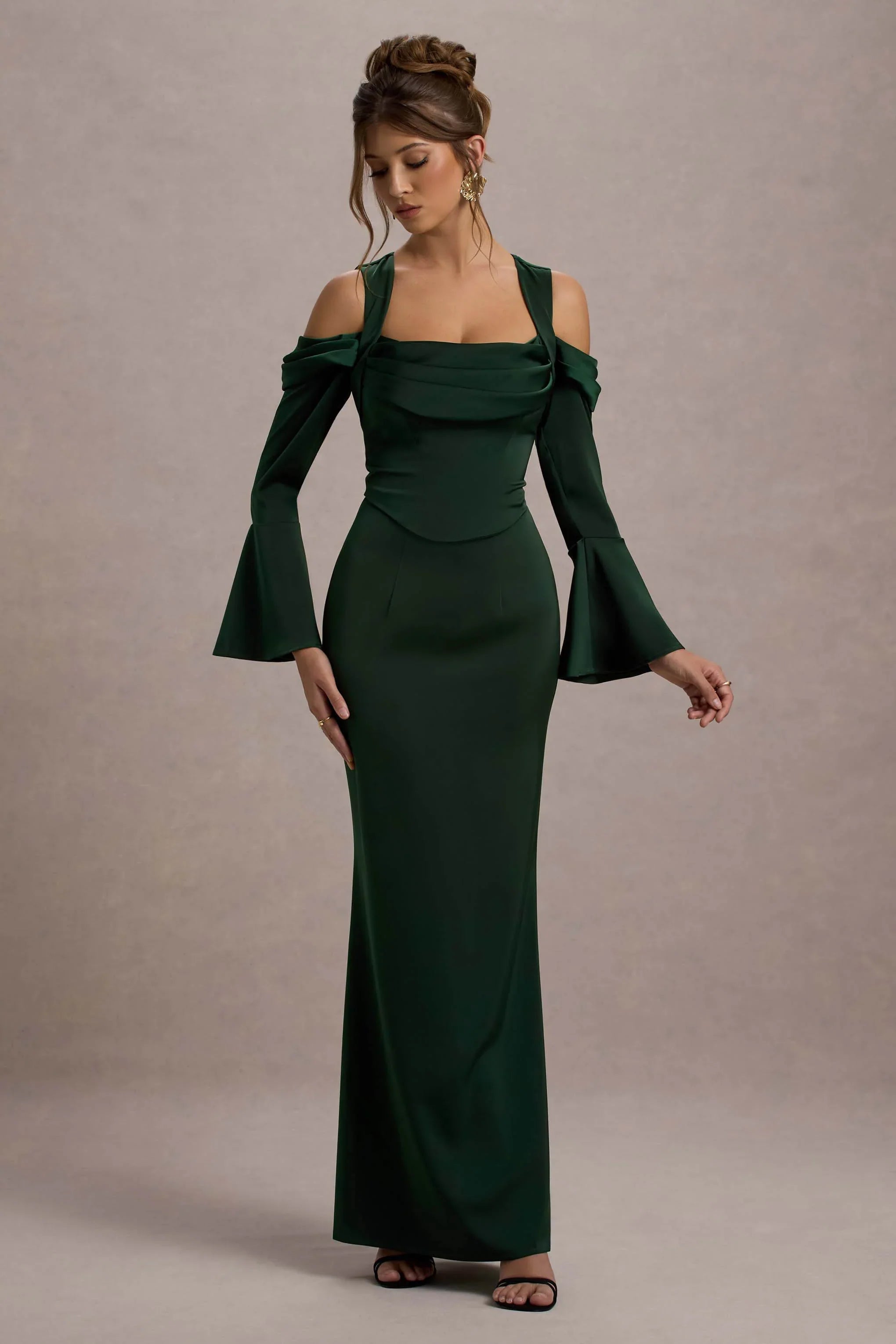 Heartthrob Green Satin Draped Bardot Maxi Dress