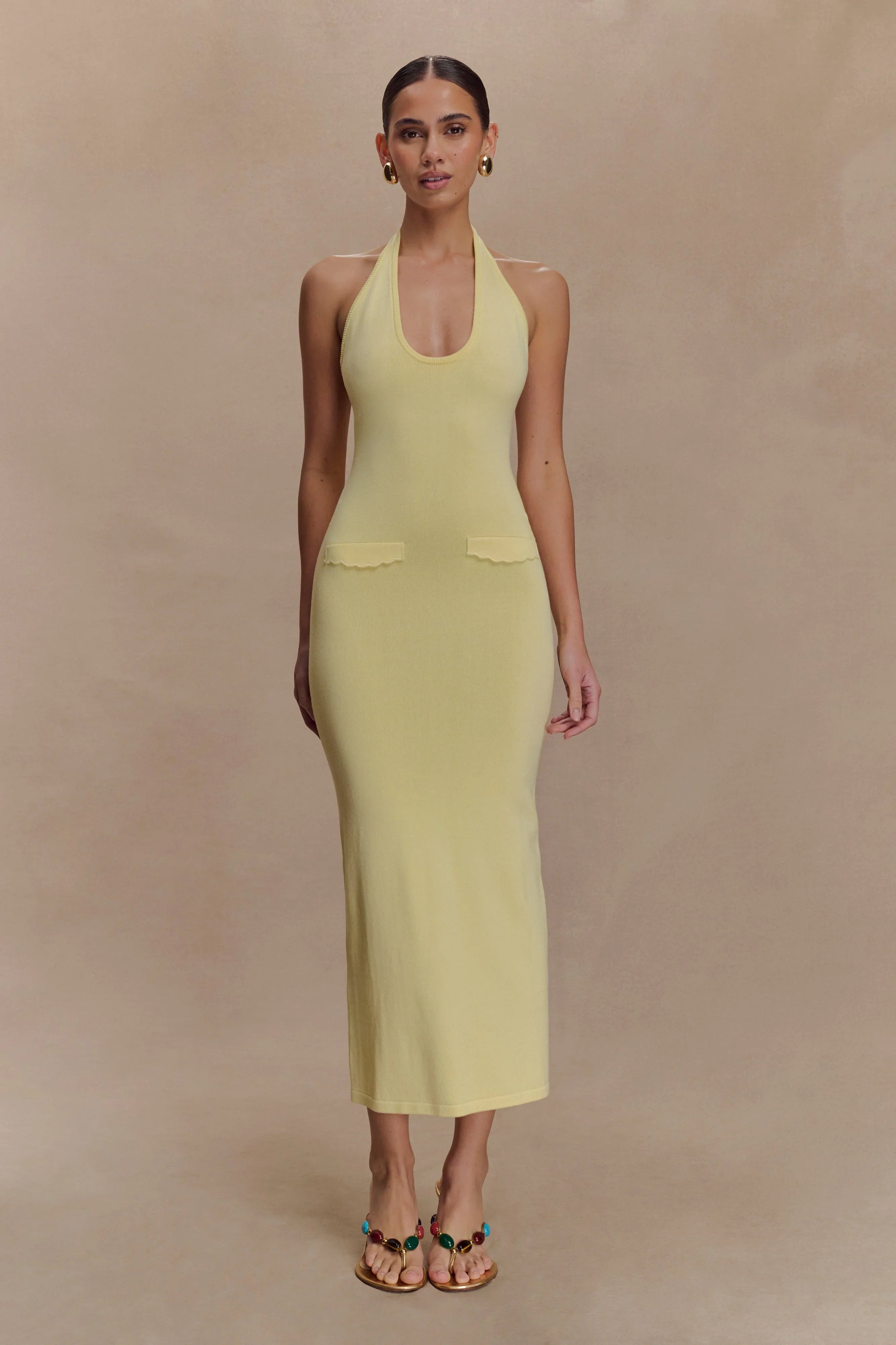 Ovina Halter Neck Knit Midi Dress Lemon
