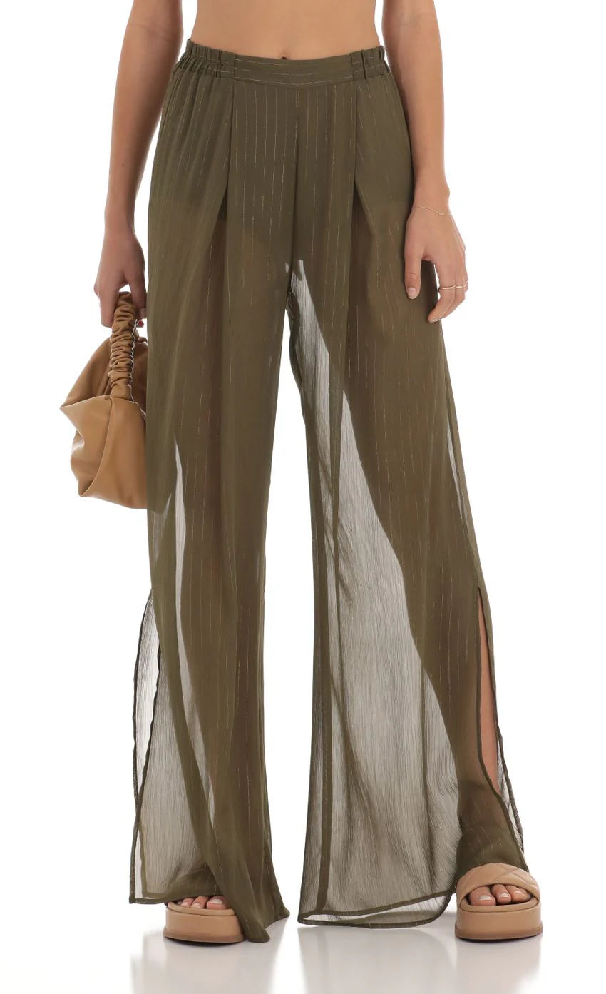 Gold Striped Three Piece Set in Olive Green