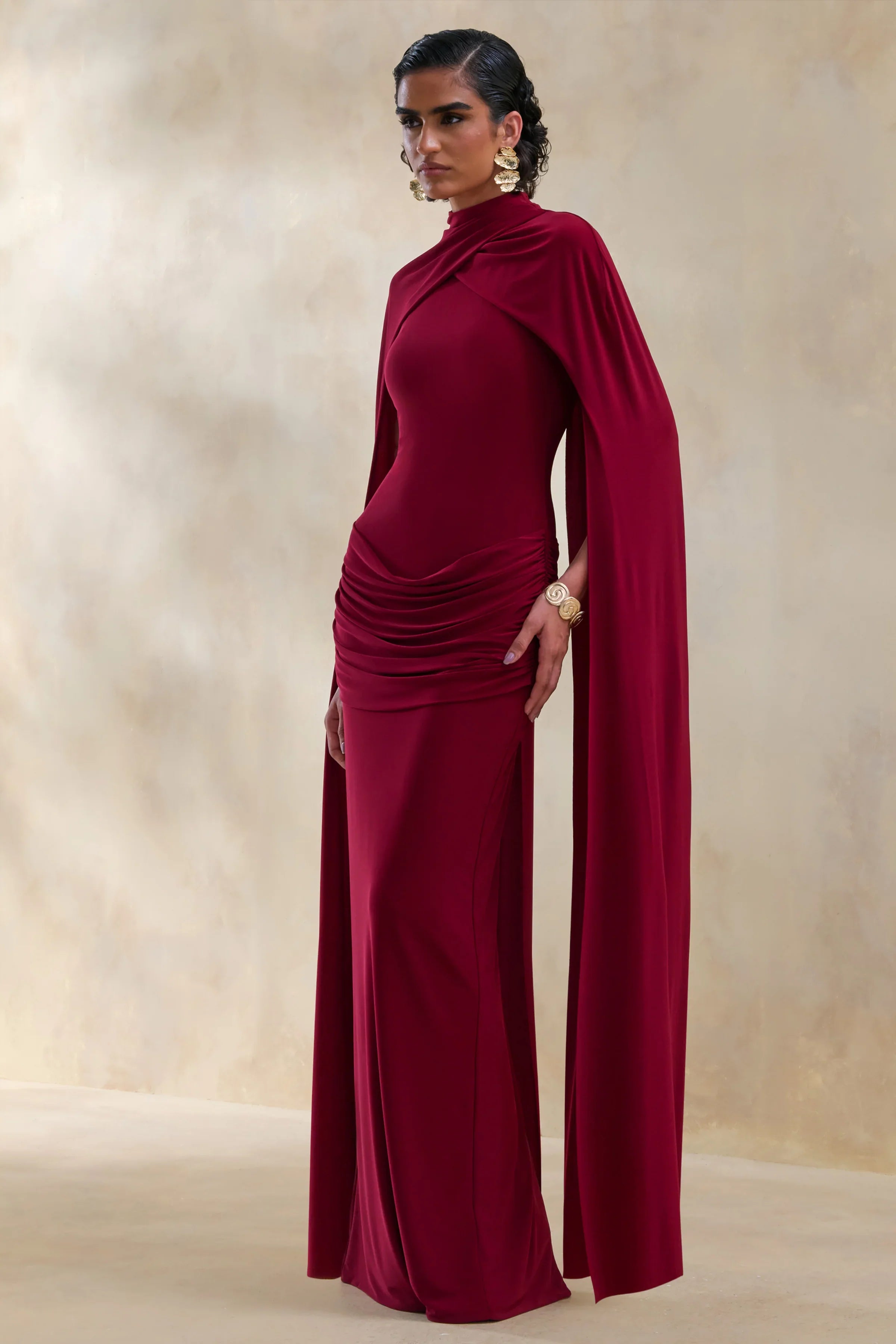 Dianelle Berry High Neck Maxi Dress With Cape Sleeves